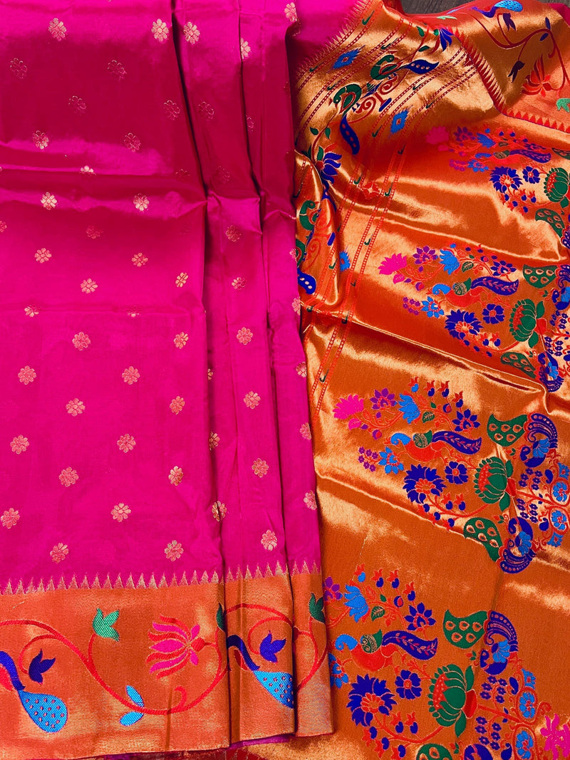 Rani Pink and Red Combination Paithani Banarasi Soft Silk Saree with Copper Zari and 1Meenakari Work | Banarasi Soft Saree | Paithani Saree