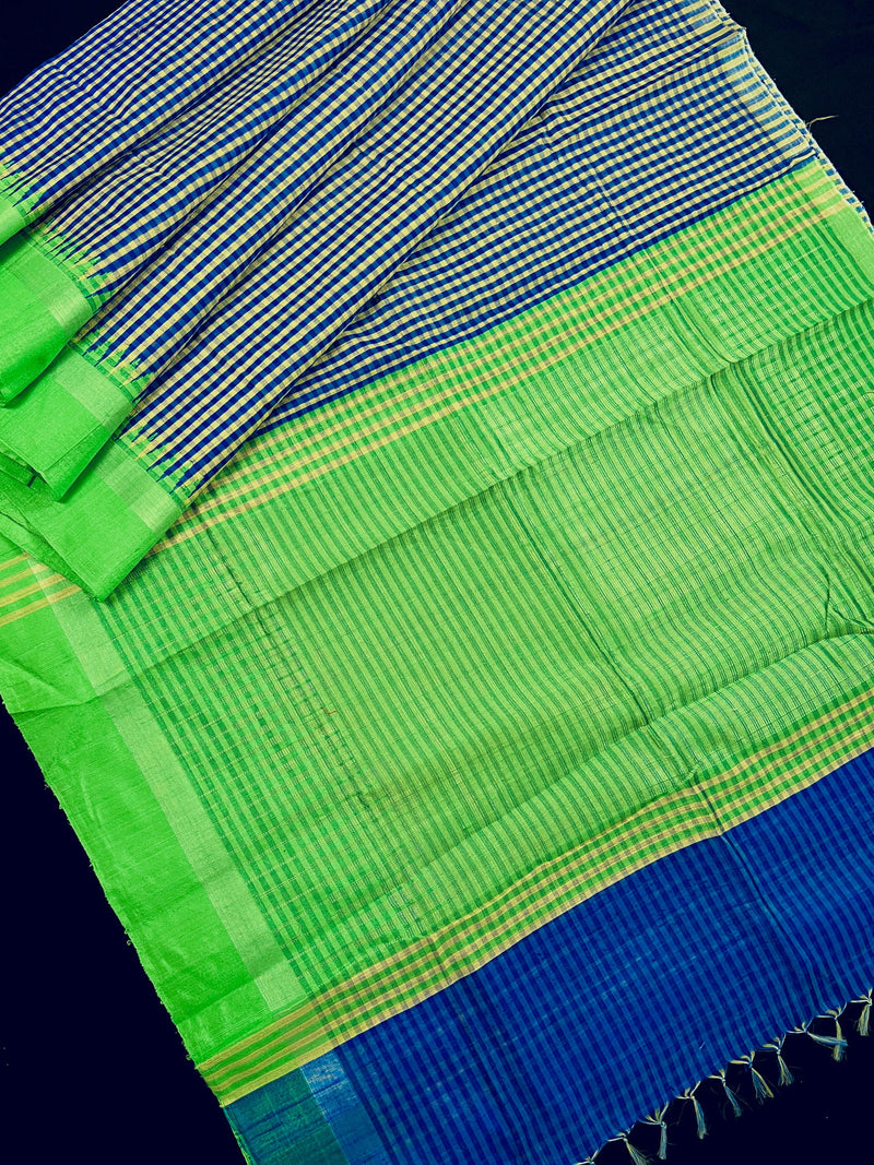 Pure Raw Silk Saree with Checks in Beige, Royal Blue and Parrot Green Color with Temple Border | Handwoven Saree | SILK MARK CERTIFIED