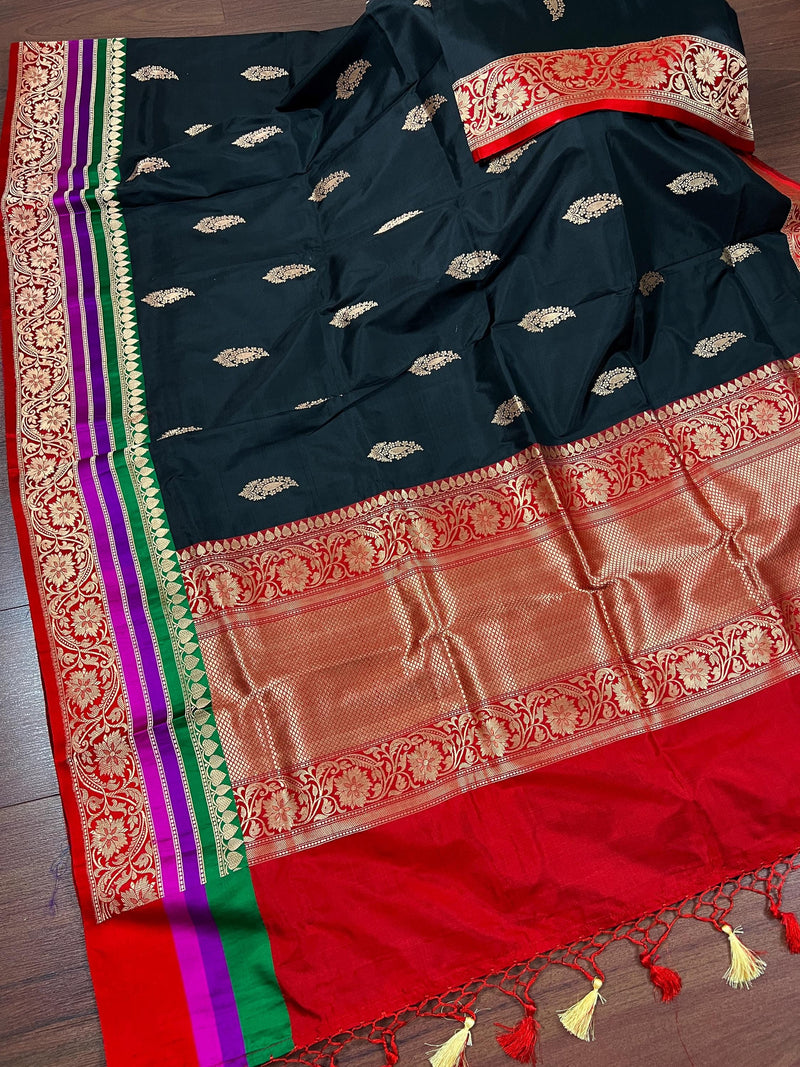 Black Color Pure Katan Silk Saree with Cooper Zari Weave | Pure Silk Sarees | Black Color Sarees | SILK MARK CERTIFIED