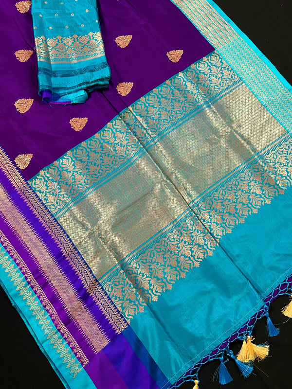 Purple and Sky Blue Color Pure Katan Silk Saree with Cooper Zari Weave | Pure Silk Sarees | Muted Copper Zari Sarees | SILK MARK CERTIFIED