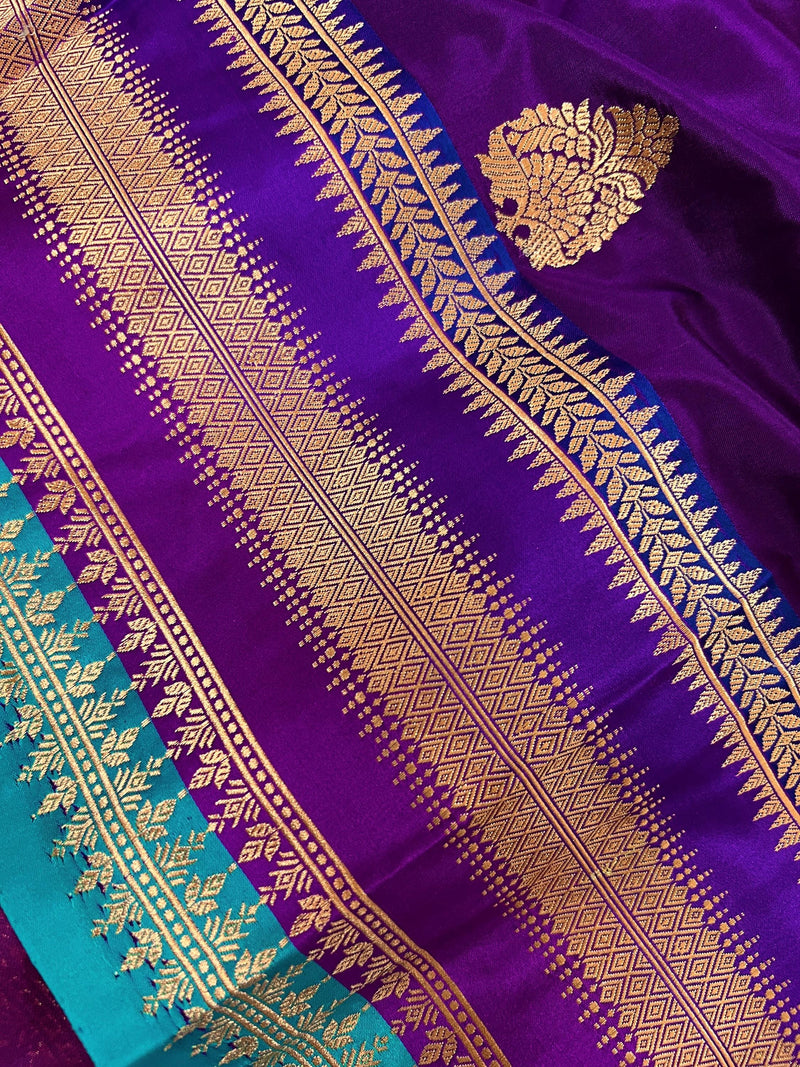 Purple and Sky Blue Color Pure Katan Silk Saree with Cooper Zari Weave | Pure Silk Sarees | Muted Copper Zari Sarees | SILK MARK CERTIFIED