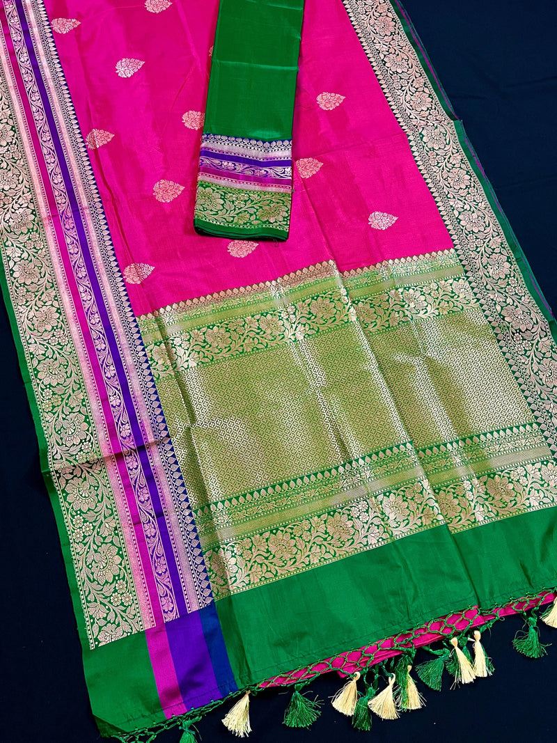 Pink and Green Color Pure Katan Silk Saree with Cooper Zari Weave | Pure Silk Sarees | Pink Color Sarees | SILK MARK CERTIFIED