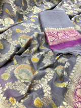 Grey and Mauve Pink Floral Jaal Pure Moonga Banarasi Silk Saree with Gold Muted Zari and Brush Paint