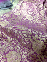 Grey and Mauve Pink Floral Jaal Pure Moonga Banarasi Silk Saree with Gold Muted Zari and Brush Paint