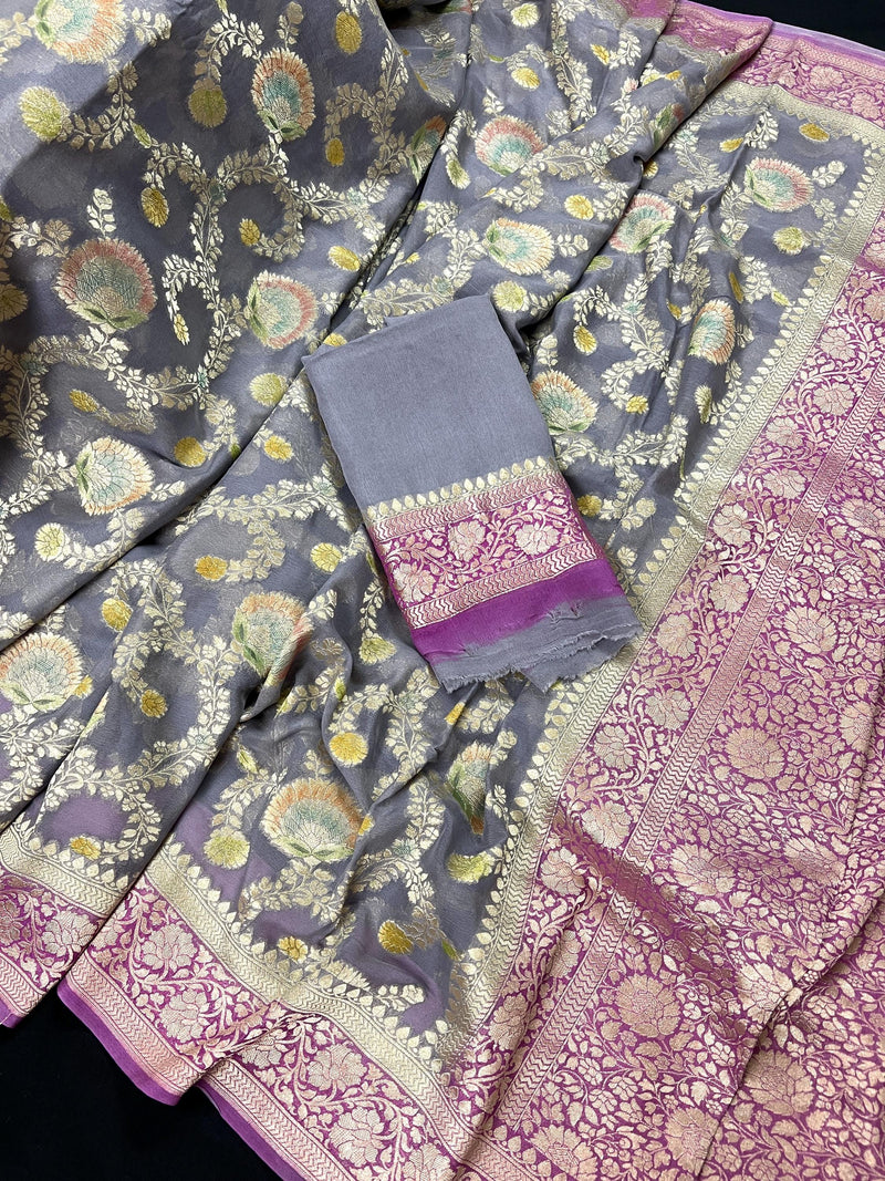 Grey and Mauve Pink Floral Jaal Pure Moonga Banarasi Silk Saree with Gold Muted Zari and Brush Paint