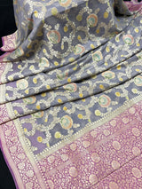 Grey and Mauve Pink Floral Jaal Pure Moonga Banarasi Silk Saree with Gold Muted Zari and Brush Paint