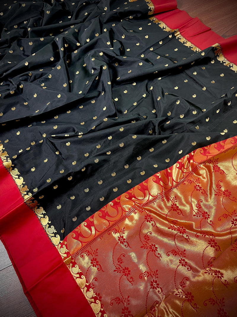 Statement Black Color Saree with Red Color Satin Patta border