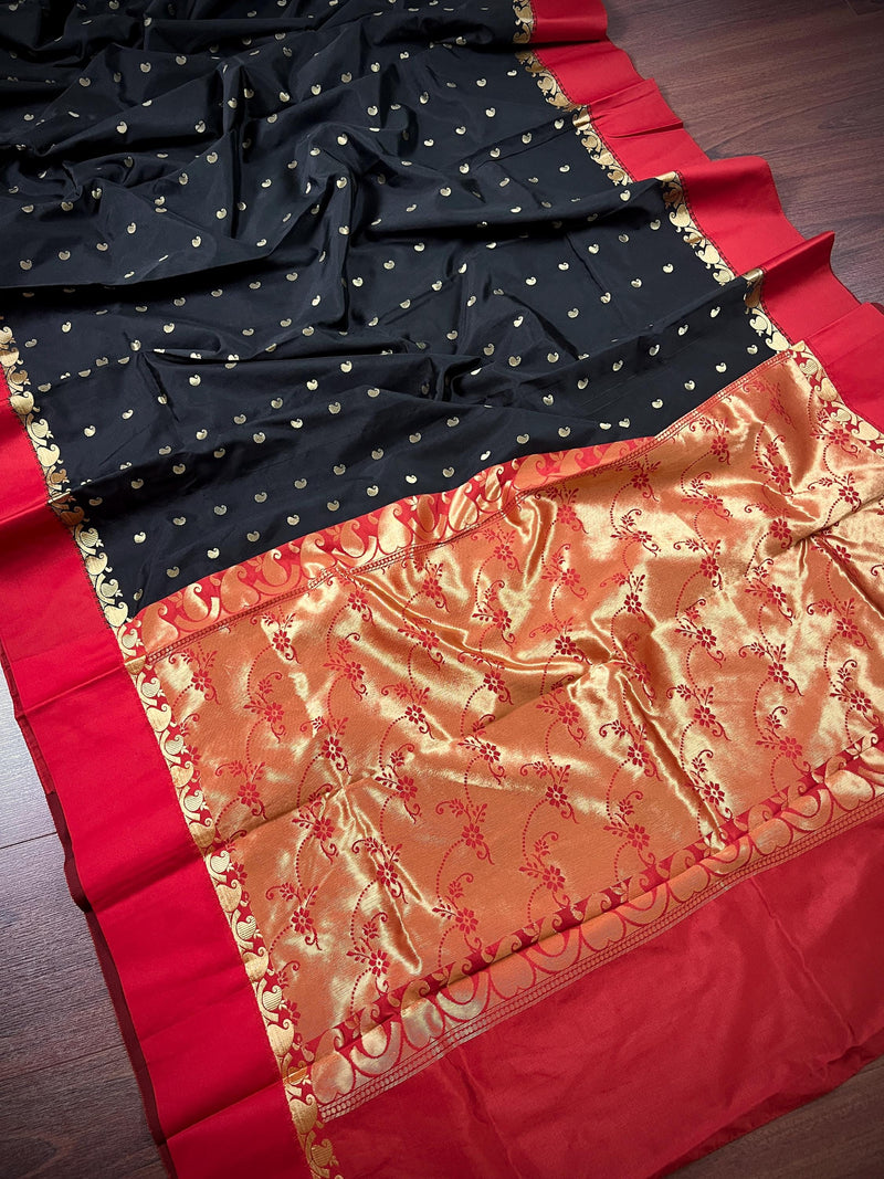 Statement Black Color Saree with Red Color Satin Patta border