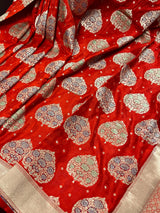 Red Traditional Banarasi Tanchoi Handloom Silk Saree | Tree Pattern Buttas with small zari buttis and Tanchoi Weave |  Banarasi Silk Saree