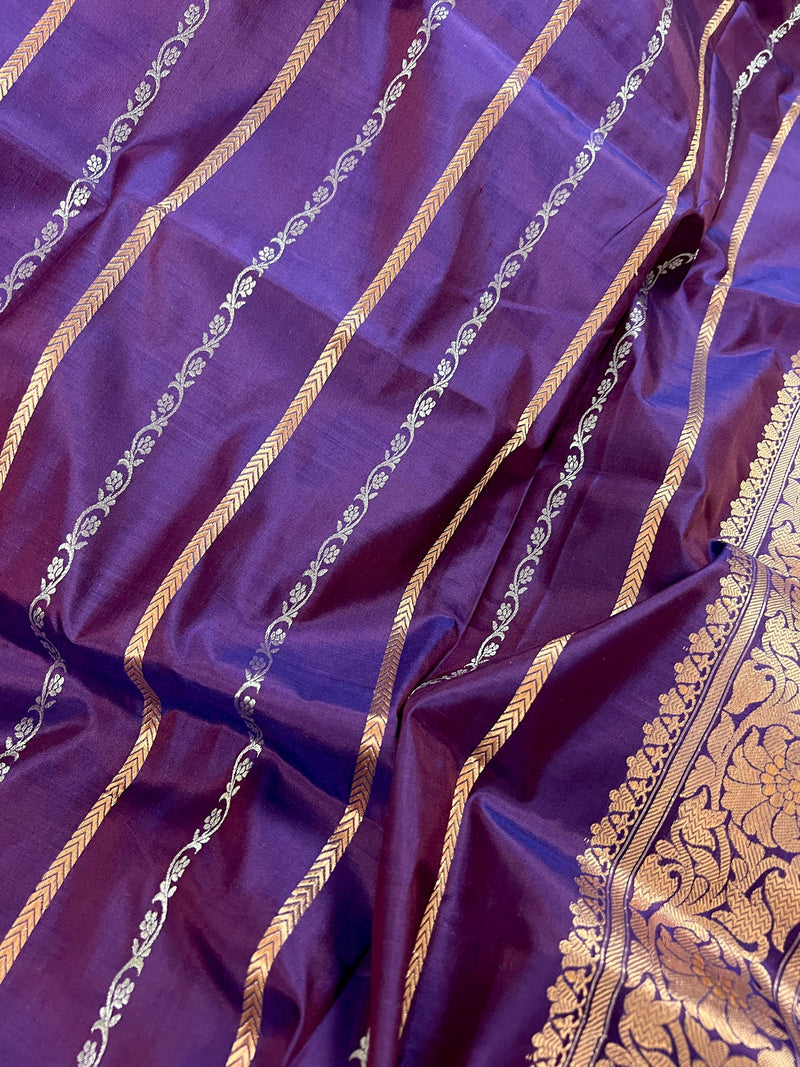 Eggplant Color Saree with undertone of Wine in Pure Banarasi Katan Silk Saree with Copper and Sliver Zari | SILK Mark Certified