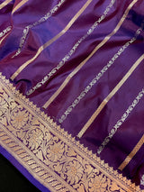 Eggplant Color Saree with undertone of Wine in Pure Banarasi Katan Silk Saree with Copper and Sliver Zari | SILK Mark Certified