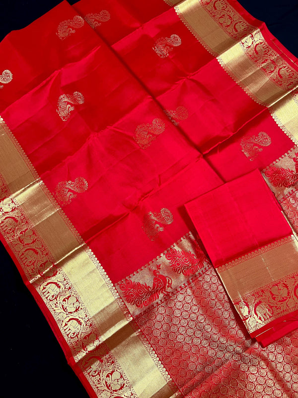 Chili Red Pure Kanjivaram Silk Saree with Gold Zari | Peacock and Elephant Motifs Heirloom Kanchipuram Silk Saree | SILK MARK CERTIFIED