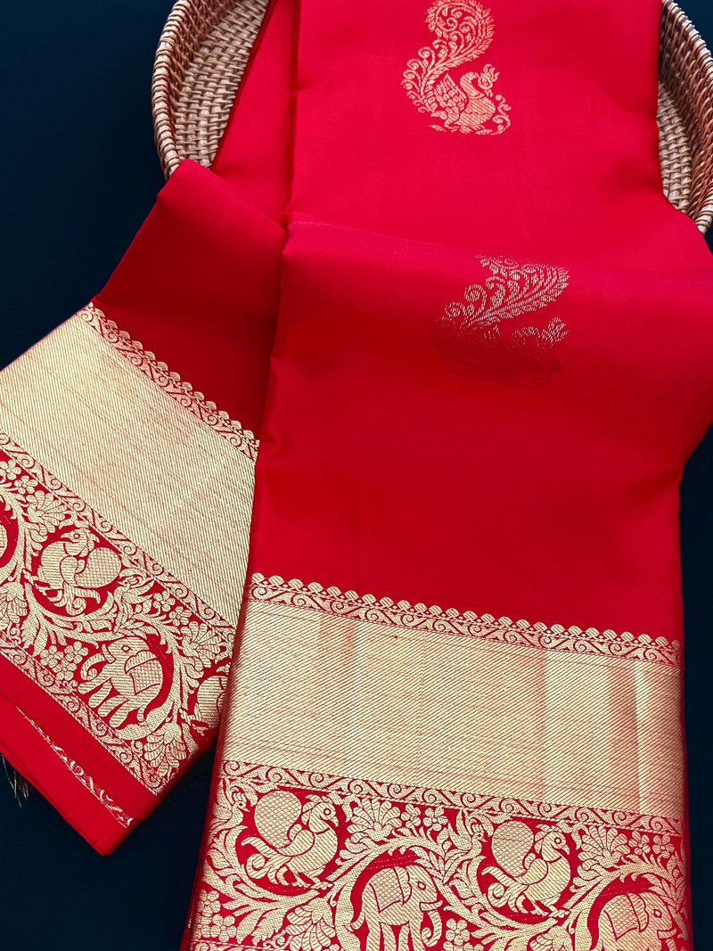 Chili Red Pure Kanjivaram Silk Saree with Gold Zari | Peacock and Elephant Motifs Heirloom Kanchipuram Silk Saree | SILK MARK CERTIFIED