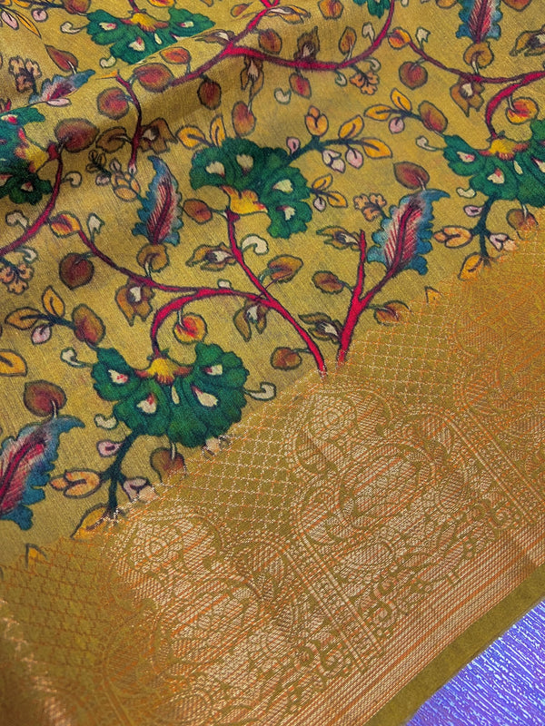 Statement Handmade Pure Banaras Cotton Silk Kalamkari Saree in Mehndi Green Color with Banarasi Borders | Kalamakari Saree