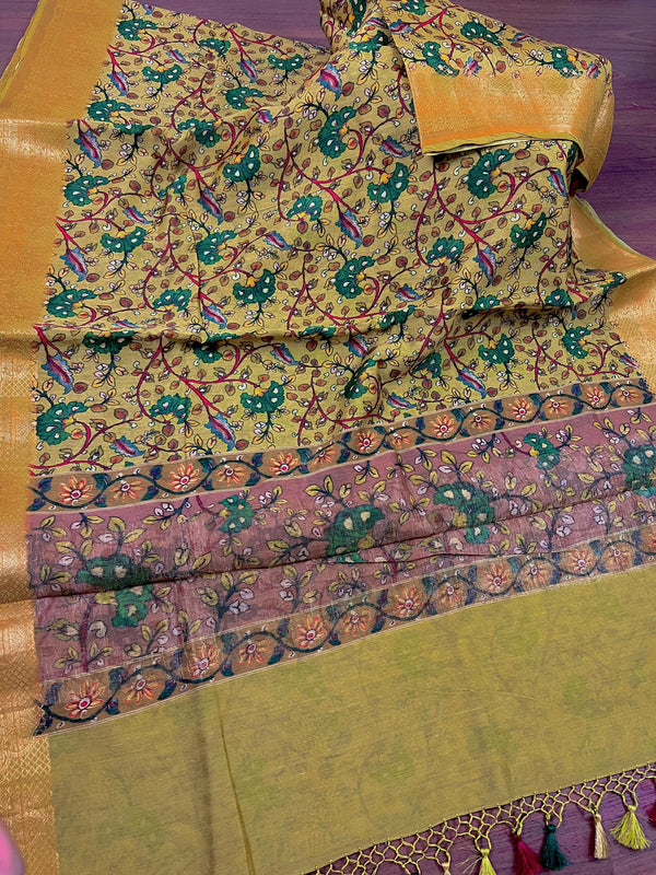 Statement Handmade Pure Banaras Cotton Silk Kalamkari Saree in Mehndi Green Color with Banarasi Borders | Kalamakari Saree