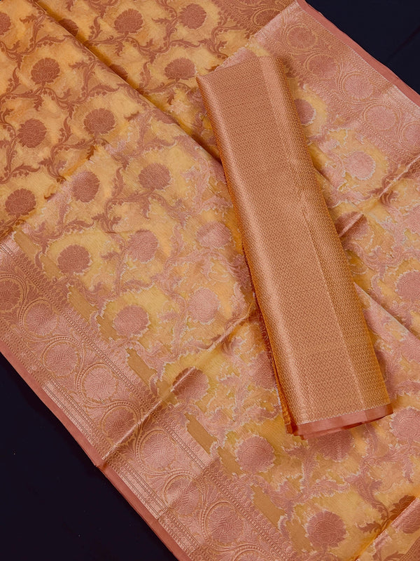 Statement Handmade Banarasi Kora Organza Silk Dark Mango Yellow Color with Copper Zari - Floral Jaal Saree - Handmade Silk Sarees