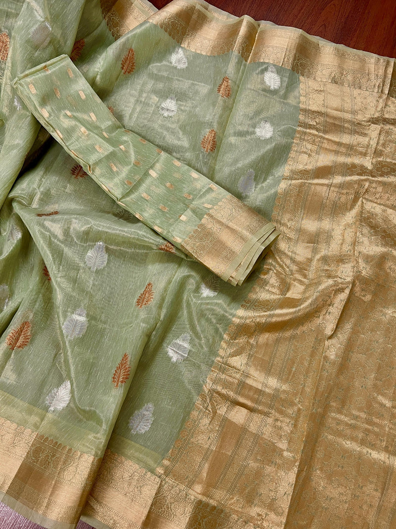 Pista Green with tint of Gold Linen Soft Tissue Silk Saree with Banarasi Borders and Pallu | Light Weight Saree | Kaash Collection