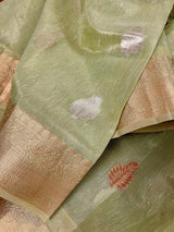 Pista Green with tint of Gold Linen Soft Tissue Silk Saree with Banarasi Borders and Pallu | Light Weight Saree | Kaash Collection