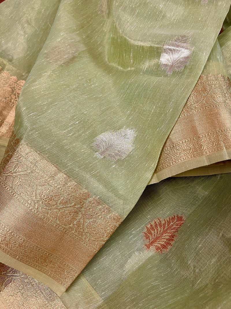 Pista Green with tint of Gold Linen Soft Tissue Silk Saree with Banarasi Borders and Pallu | Light Weight Saree | Kaash Collection