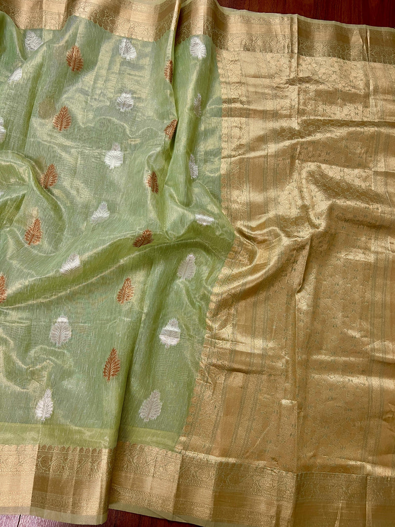 Pista Green with tint of Gold Linen Soft Tissue Silk Saree with Banarasi Borders and Pallu | Light Weight Saree | Kaash Collection