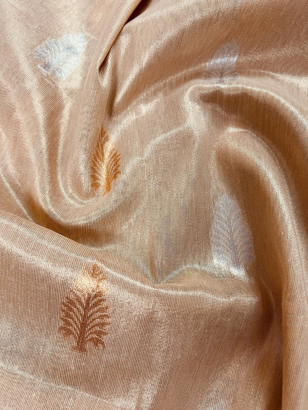 Gold Color Soft Tissue Silk Saree with Banarasi Borders and Pallu | Copper and Sliver Leaves Buttas | Banarasi Soft Tissue Saree