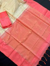 Cream Pure Kanjivaram Soft Silk Handloom Saree with Peach Border and Pallu | Muted Zari Work | SILK MARK CERTIFIED