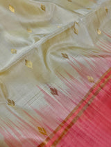 Cream Pure Kanjivaram Soft Silk Handloom Saree with Peach Border and Pallu | Muted Zari Work | SILK MARK CERTIFIED