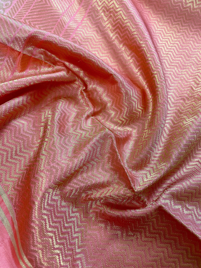 Cream Pure Kanjivaram Soft Silk Handloom Saree with Peach Border and Pallu | Muted Zari Work | SILK MARK CERTIFIED