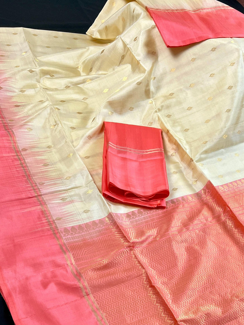 Cream Pure Kanjivaram Soft Silk Handloom Saree with Peach Border and Pallu | Muted Zari Work | SILK MARK CERTIFIED