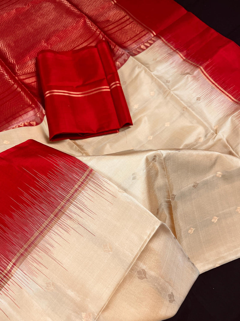 Cream Pure Kanjivaram Soft Silk Handloom Saree with Red Border and Pallu | Muted Zari Work | SILK MARK CERTIFIED