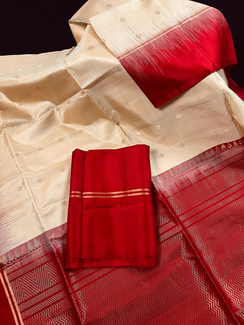 Cream Pure Kanjivaram Soft Silk Handloom Saree with Red Border and Pallu | Muted Zari Work | SILK MARK CERTIFIED