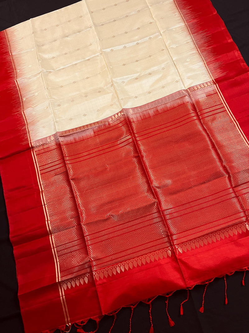 Cream Pure Kanjivaram Soft Silk Handloom Saree with Red Border and Pallu | Muted Zari Work | SILK MARK CERTIFIED