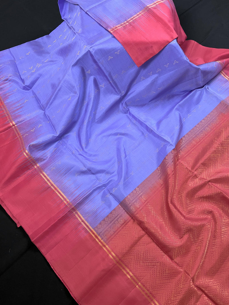 Lavender Pure Kanjivaram Soft Silk Handloom Saree with Onion Pink Pallu and Blouse | Muted Zari Work | SILK MARK CERTIFIED