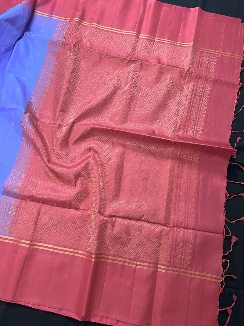 Lavender Pure Kanjivaram Soft Silk Handloom Saree with Onion Pink Pallu and Blouse | Muted Zari Work | SILK MARK CERTIFIED