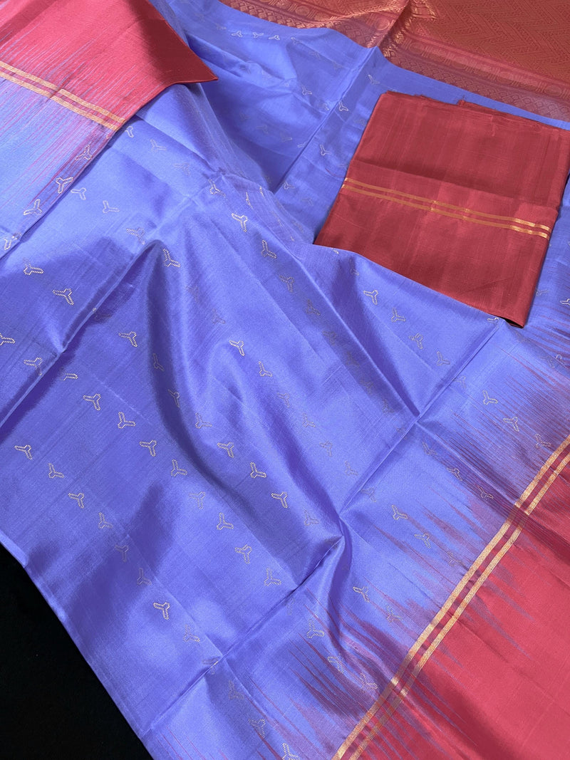 Lavender Pure Kanjivaram Soft Silk Handloom Saree with Onion Pink Pallu and Blouse | Muted Zari Work | SILK MARK CERTIFIED