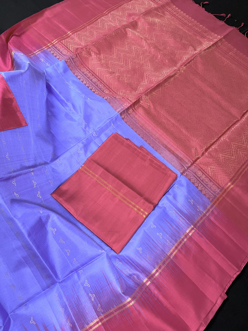 Lavender Pure Kanjivaram Soft Silk Handloom Saree with Onion Pink Pallu and Blouse | Muted Zari Work | SILK MARK CERTIFIED