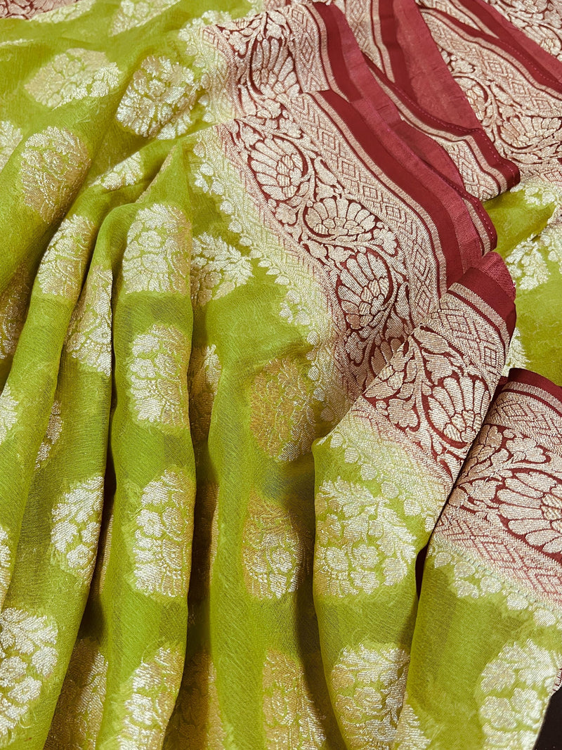 Lime Green with Bright Red Pure Banarasi Georgette Silk Saree with Gold Zari with Floral Pattern and Buttas | SILK MARK CERTIFIED