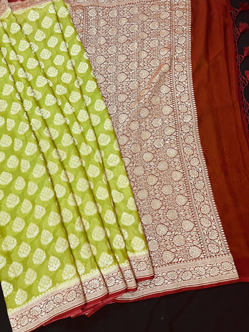 Lime Green with Bright Red Pure Banarasi Georgette Silk Saree with Gold Zari with Floral Pattern and Buttas | SILK MARK CERTIFIED