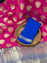 Hot Pink, Purple Border with Blue Traditional Banarasi Handloom Soft Silk Saree