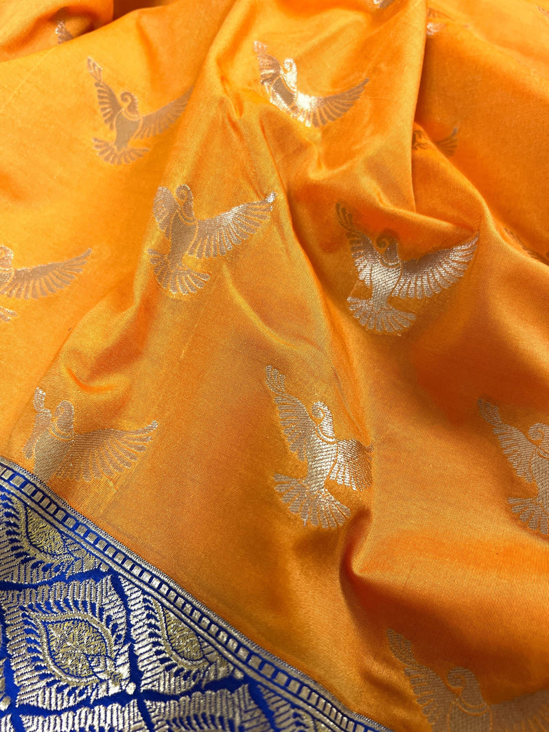 Statement Mango Yellow Soft Banarasi Silk Handloom Saree with Flying Parrot Motifs