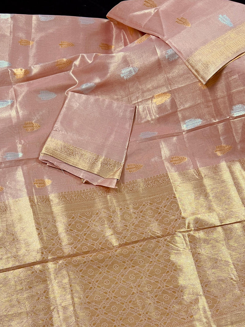 Pastel Rose Pink Color Soft Tissue Silk Saree with Banarasi Borders and Pallu | Copper and Sliver Leaves Buttas | Banarasi Soft Tissue Saree