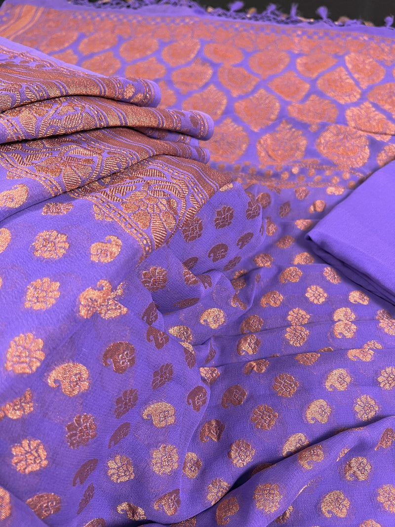 Lavender Color Pure Khaddi Georgette Banarasi Silk Saree with Copper Zari - SILK MARK CERTIFIED