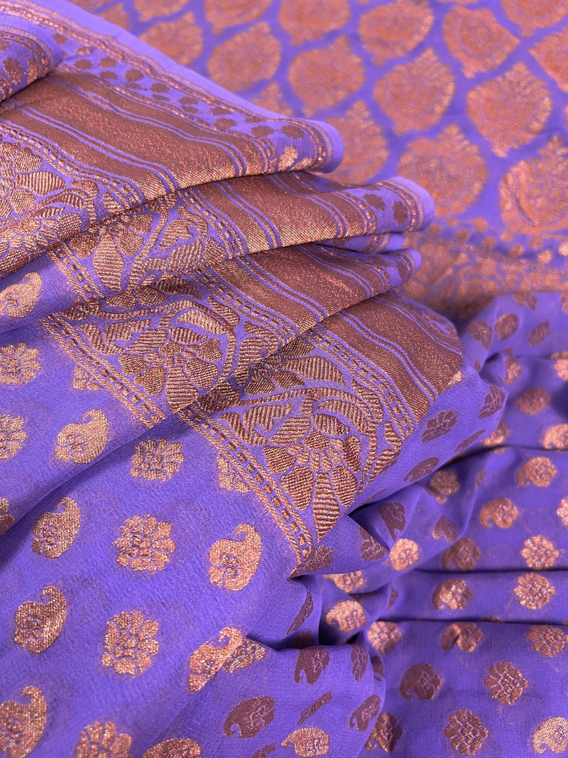 Lavender Color Pure Khaddi Georgette Banarasi Silk Saree with Copper Zari - SILK MARK CERTIFIED