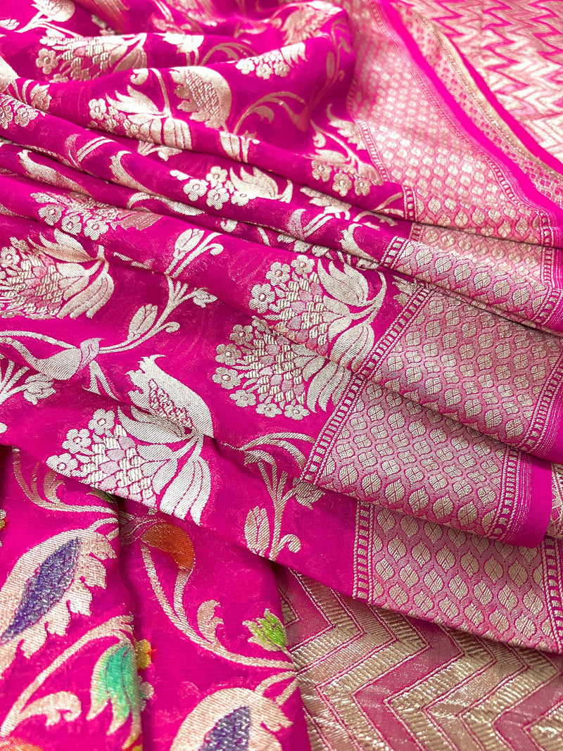 Hot Pink Pure Khaddi Georgette Silk Saree with Muted Gold Water Zari and Hand Brush Paint | SILK MARK CERTIFIED