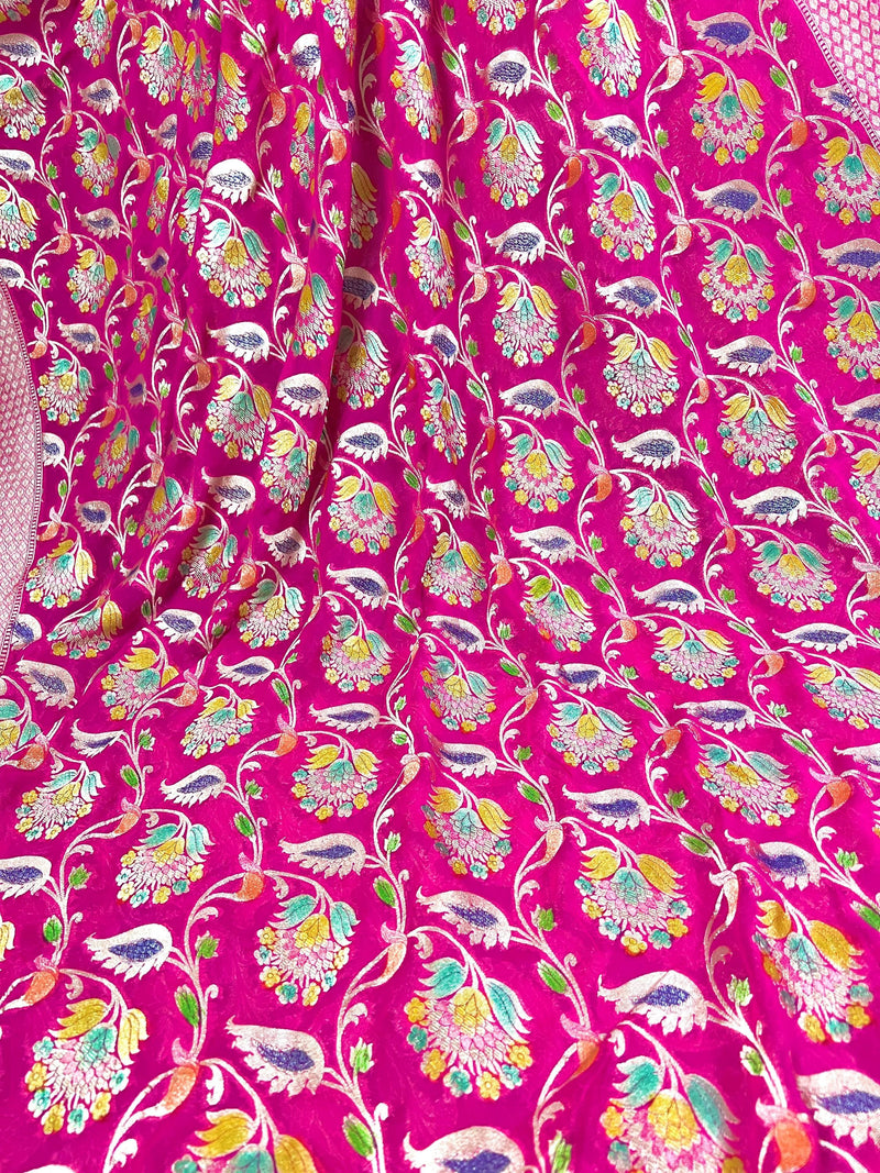 Hot Pink Pure Khaddi Georgette Silk Saree with Muted Gold Water Zari and Hand Brush Paint | SILK MARK CERTIFIED