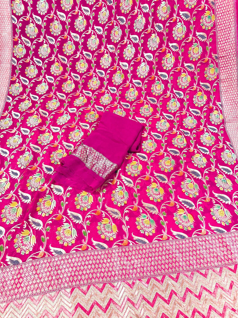 Hot Pink Pure Khaddi Georgette Silk Saree with Muted Gold Water Zari and Hand Brush Paint | SILK MARK CERTIFIED