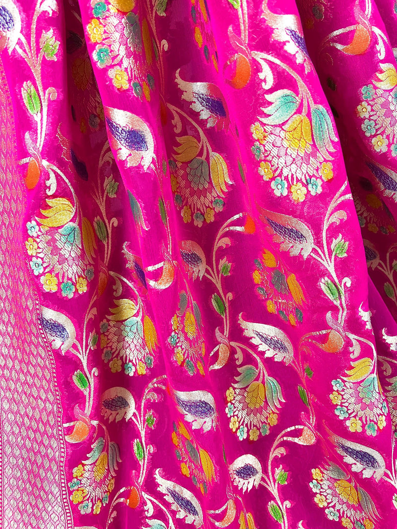 Hot Pink Pure Khaddi Georgette Silk Saree with Muted Gold Water Zari and Hand Brush Paint | SILK MARK CERTIFIED