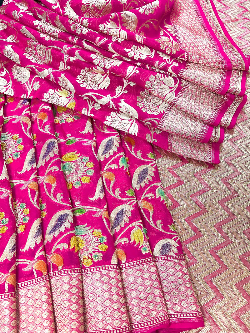 Hot Pink Pure Khaddi Georgette Silk Saree with Muted Gold Water Zari and Hand Brush Paint | SILK MARK CERTIFIED