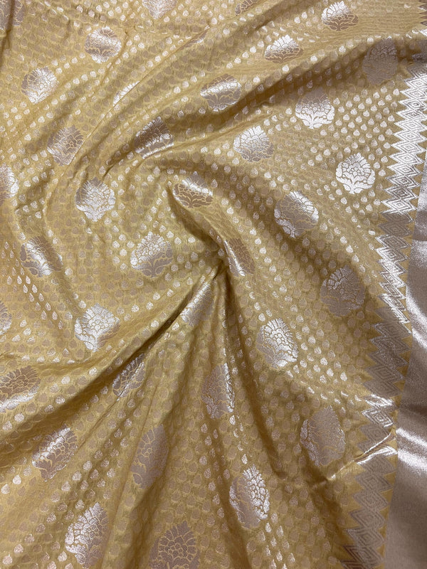 Beige Gold Saree with Muted Sliver Zari Waave -  Traditional Banarasi Soft Silk Handloom Saree