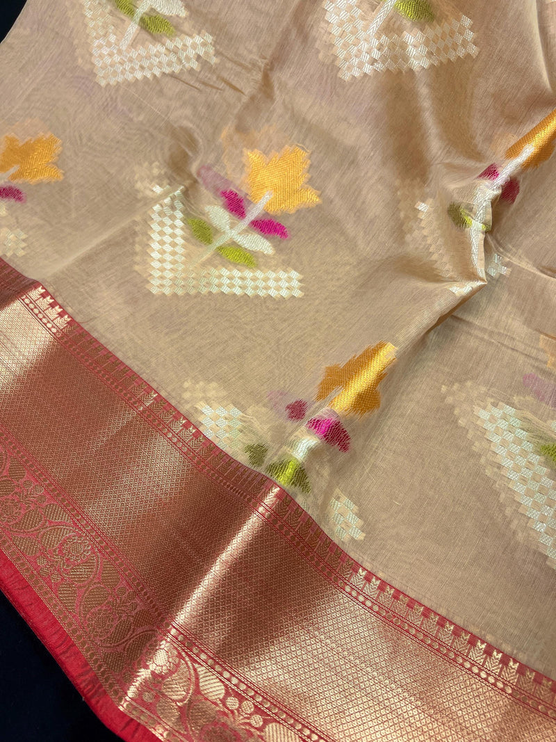 Handmade Gold Beige Banarasi Cotton Silk with Meenakari Flowers